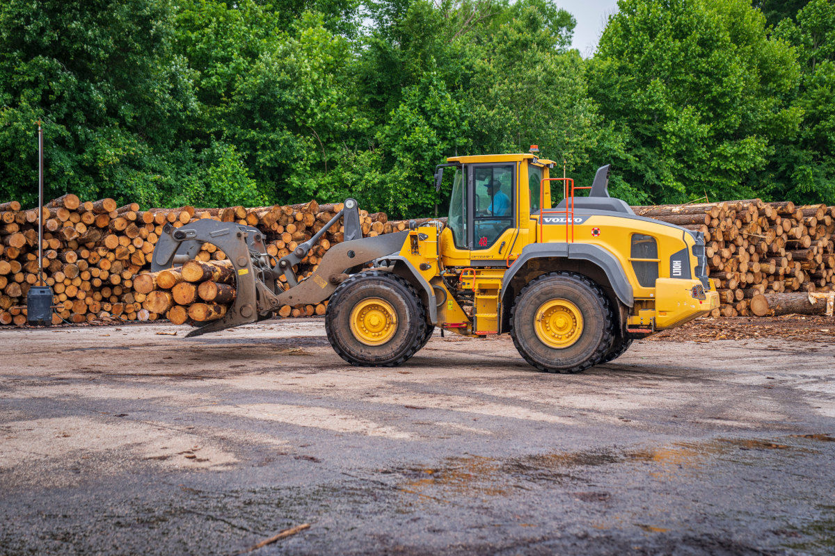 forklift with logs of wood